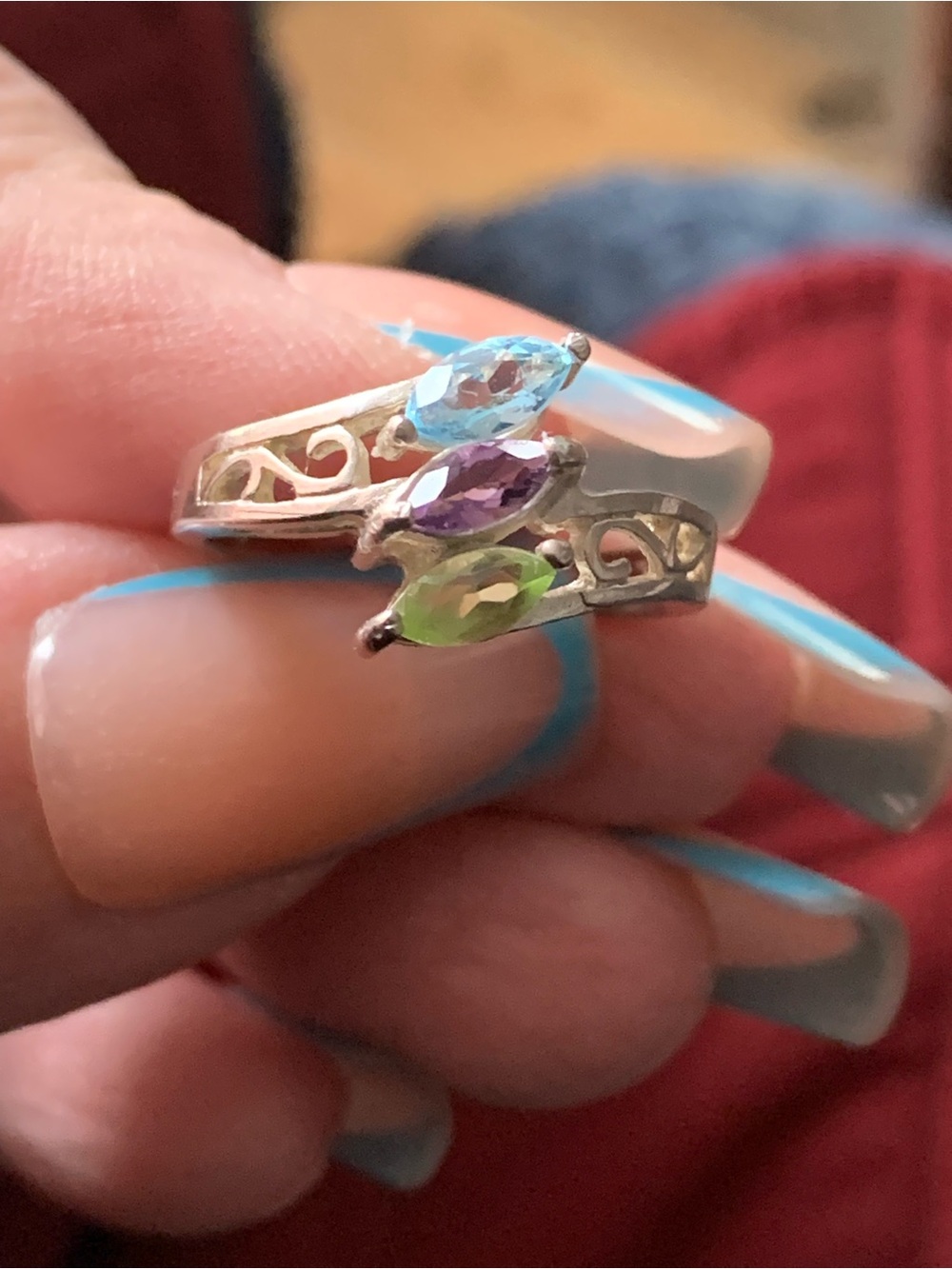 Vintage Silver Ring with Blue, Purple & Green Marquise Gemstones